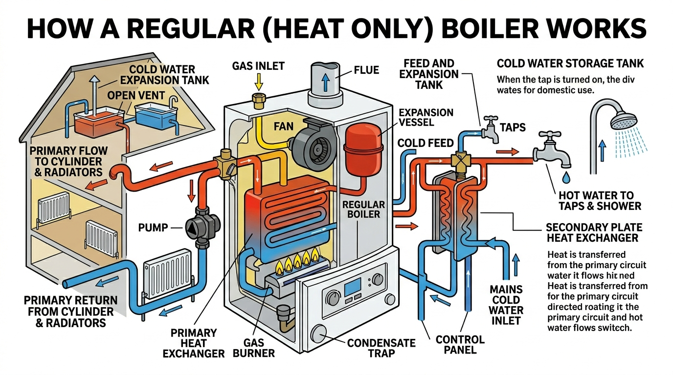 Diagram showing how a regular heat only boiler works — cold water storage tank, feed and expansion tank, hot water cylinder, pump, and radiator circuit