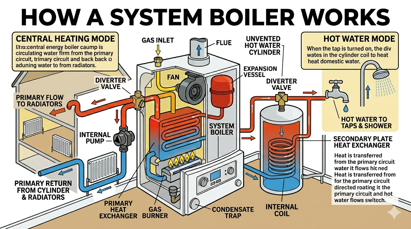 Diagram showing how a system boiler works — including hot water cylinder, sealed system, pump, and radiator circuit