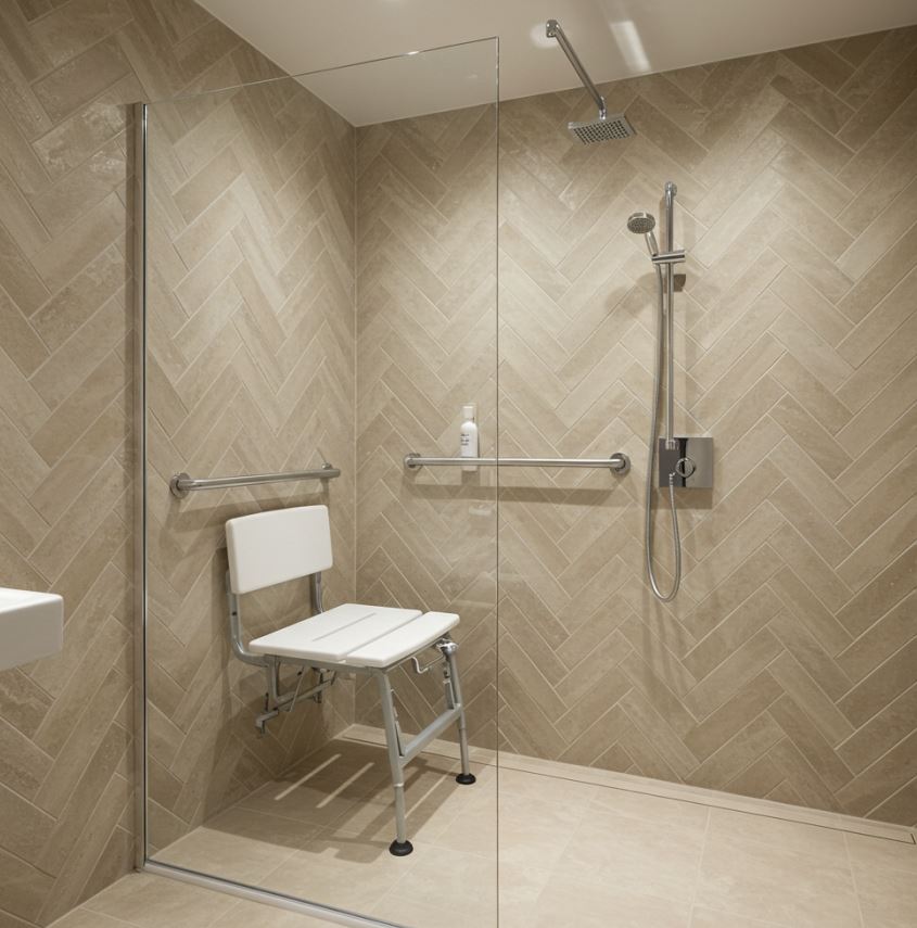 Disability wet room with grab rails and level-access shower