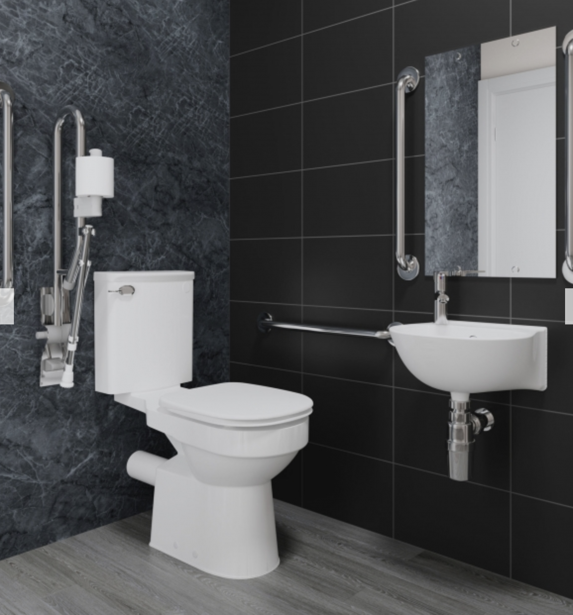 Modern accessible bathroom with grab rails and level-access shower