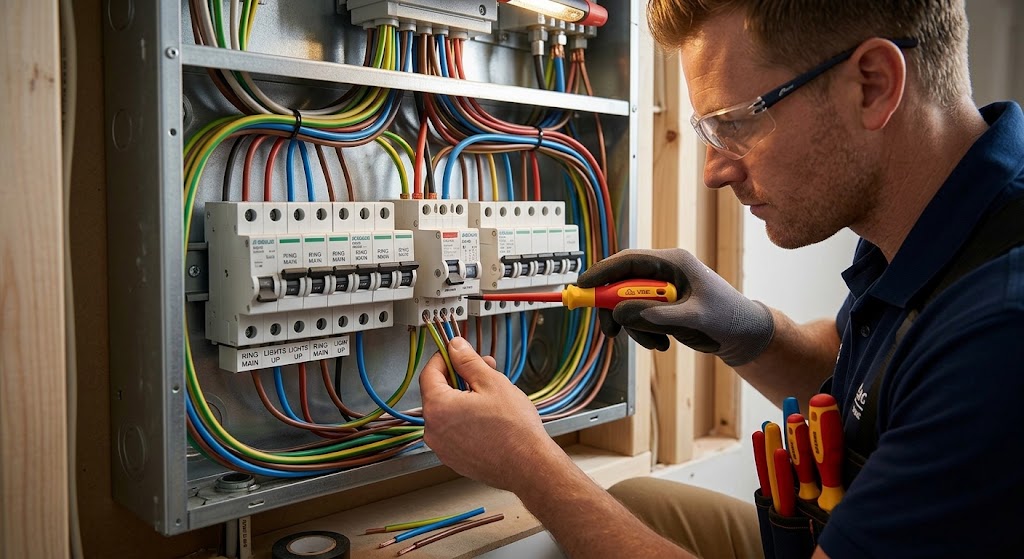 Electrician in Bournemouth testing a consumer unit during a landlord EICR